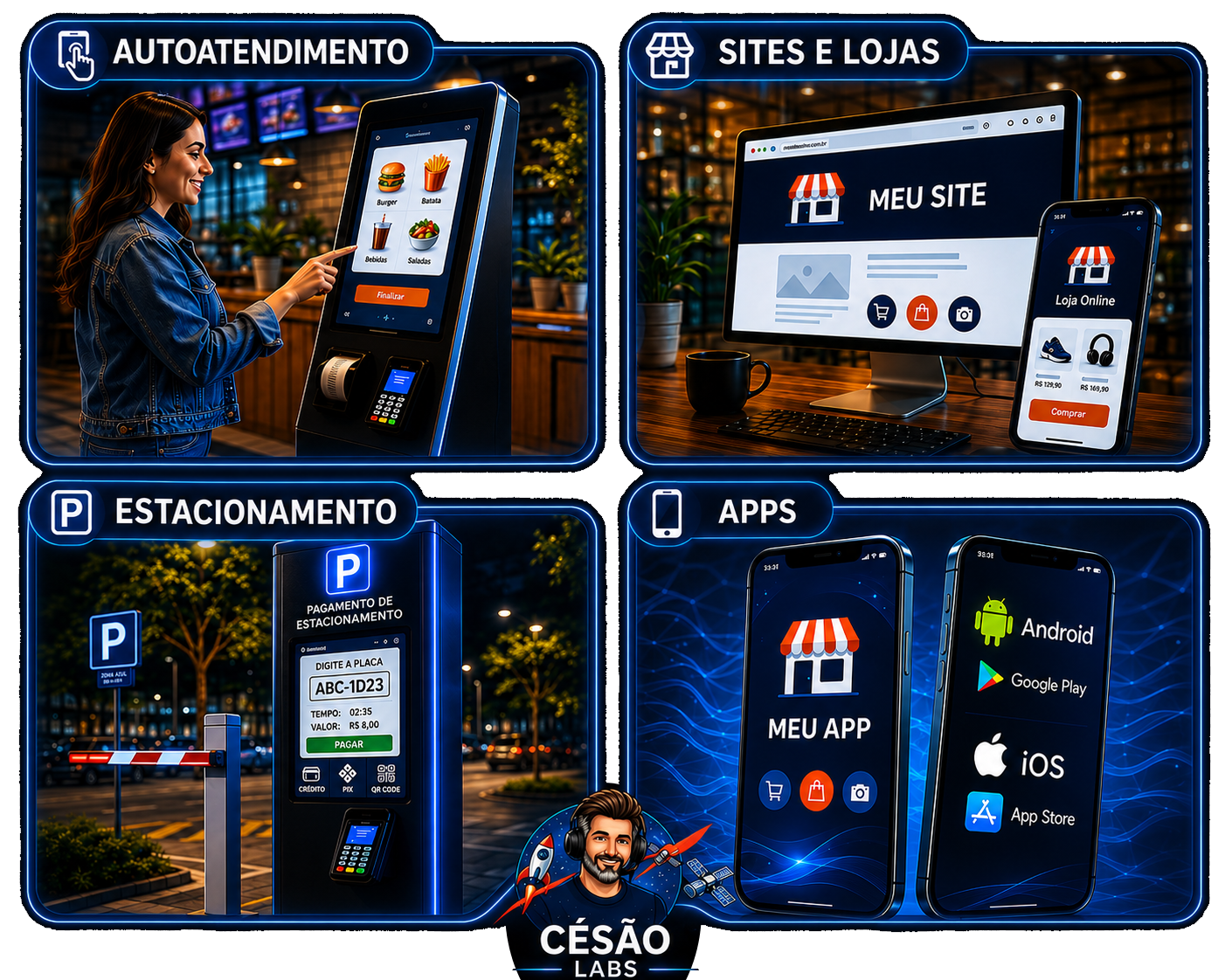 Totem, aplicativo de celular e site representando soluções da CésãoLabs para negócios